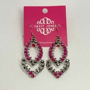 Sassy Jones Malia Glass Dangle Pink Rhinestone Silver Tone Hook Drop Earrings
